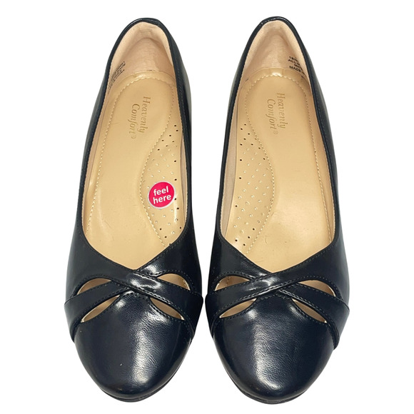 Heavenly Comfort Sz 8.5 Randi Pumps Low 1.5" Heel Cut-Out Vamp Black Faux Leathe - Picture 2 of 9